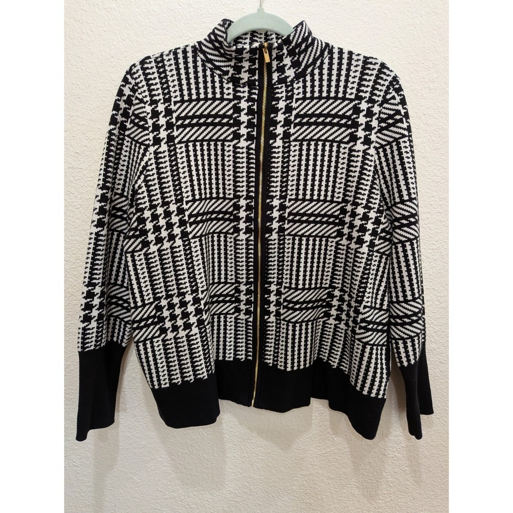 NWOT Jones New York Sweater Jacket‎ XL Black White Houndstooth Zip Geometric